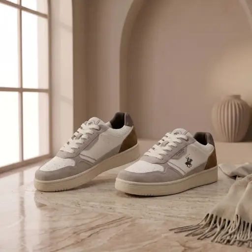 [BHM6243010352A201] 360 COTTON MEN SHOES MESH AND LEATHER UPPER GREY SIDE PANELS WHITE RUBBER SOLE SPORTY AND RETRO DESIGN LOW-TOP WHITE AND LIGHT GREY 41