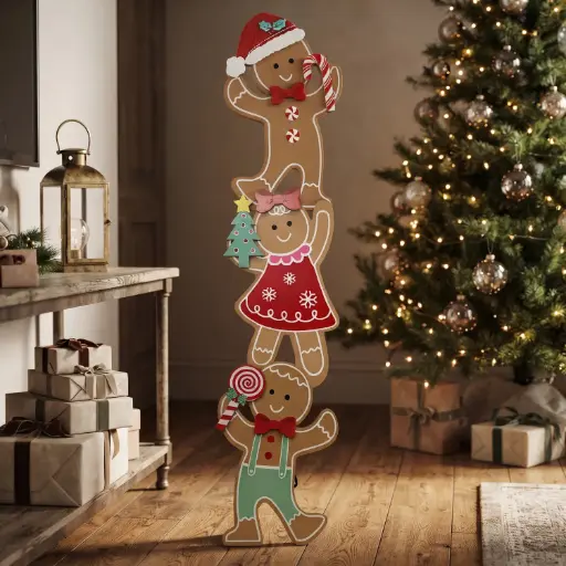 [CH26-WD3] 360 HOME CHRISTMAS  DECOR, 28.5*2.5*122,a father/gingerbread man at the top, a gingerbread girl in the middle, and a smaller gingerbread boy at the bottom