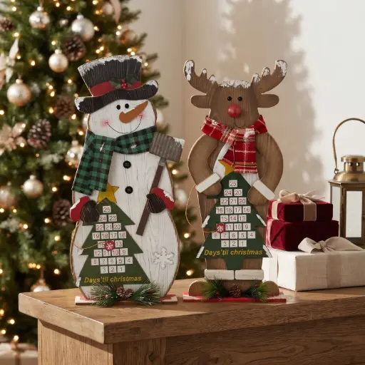 [CH26-WD7] 360 HOME CHRISTMAS MDF DECOR, 24.5*7*55,matching pair of rustic Christmas tabletop figures: a snowman and a reindeer/moose.