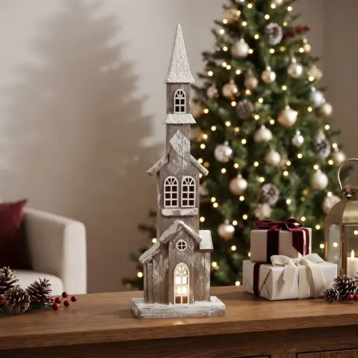 [CH26-WD8] 360 HOME CHRISTMAS MDF DECOR, 16*8.5*51tall, narrow rustic Christmas church / chapel decoration designed as a freestanding tabletop piece.