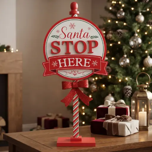 [CH26-WD9] 360 HOME CHRISTMAS MDF DECOR, 29.2*10*65.3,freestanding vintage-style Christmas “Santa Stop Here”