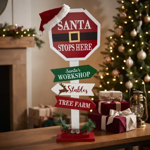 [CH26-WD11] 360 HOME CHRISTMAS MDF DECOR, 23*8.2*63.5 a freestanding rustic Christmas “Santa Stops Here” directional sign.