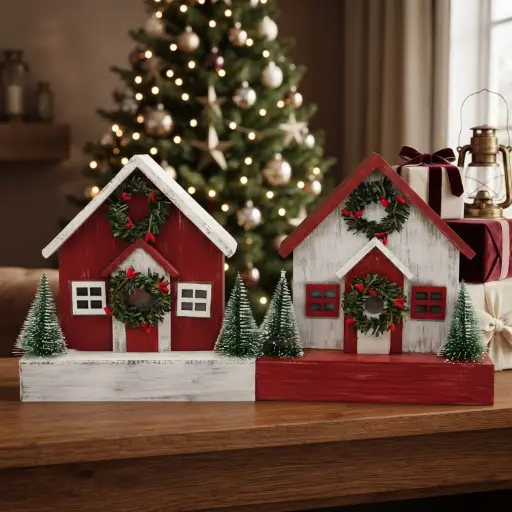 [CH26-WD12] 360 HOME CHRISTMAS  DECOR, 24*10*25,pair of rustic red Christmas cottage decorations,