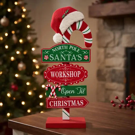 [CH26-WD23] 360 HOME CHRISTMAS MDF DECOR, 15.7*5*35.5 freestanding Santa’s Workshop Christmas directional sign