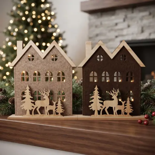 [CH26-WD25] 360 HOME CHRISTMAS MDF DECOR, 26*6*30,pair of rustic wooden Christmas village houses with reindeer silhouettes