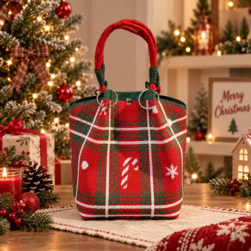[CABCH3] 360 HOME Christmas bag 23*23*16cm Small red fabric tote with two rounded rope handles.