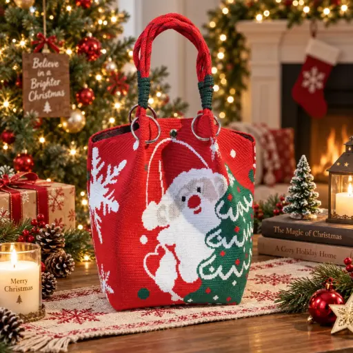 [CABCH6] 360 HOME Christmas bag 23*23*16cm Red fabric tote with two rounded rope handles.