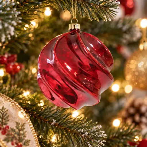 [CH26-BOU1] 360 HOME CHRISTMAS GLASS ORNAMENT Red Swirl Glass Bauble 12PCS/BOX DIA15CM