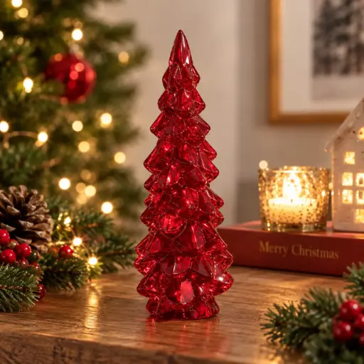 [CH26-TREEGL2] 360 HOME CHRISTMAS DECORATION GLASS TREE Red Textured Tree Ornament 12PCS/BOX 13.4*30.5CM