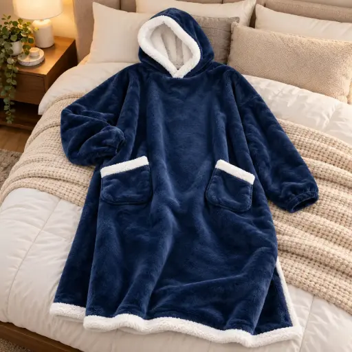 [HBTAT-3] 360 COTTON HOODIE BLANCKET FLEECE  LONG OVERSIZED PATCH POCKETS WHITE TRIM- NAVY BLUE