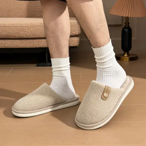 [SPW3-37/38] 360 COTTON WINTER MEN SLIPPERS TAUPE WITH SOFT CREAM FLEECE 38-39(SUITABLE FOR SHOES 37-38）