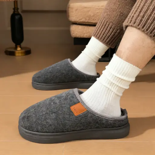 [SPW9-43/44] 360 COTTON WINTER MEN SLIPPERS MEDIUM GREY SOFT TEXTURED KNIT FABRIC 44-45(SUITABLE FOR SHOES 43-44）