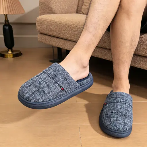 [SPW12-43/44] 360 COTTON WINTER MEN SLIPPERS DENIM BLUE WOVEN FABRIC 44-45(SUITABLE FOR SHOES 43-44）