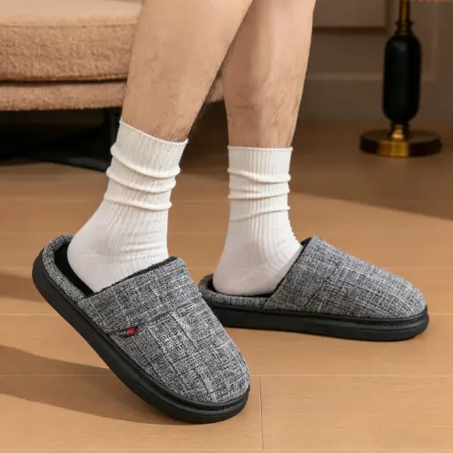[SPW13-43/44] 360 COTTON WINTER MEN SLIPPERS CHARCOAL GREY SOFT BLACK PLUSH LINING 44-45(SUITABLE FOR SHOES 43-44）