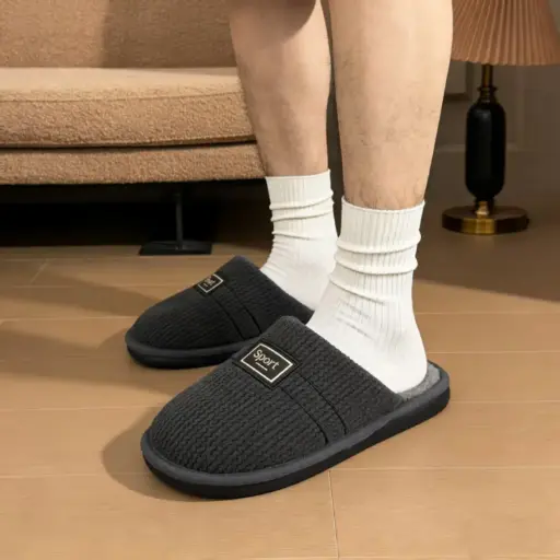 [SPW17-41/42] 360 COTTON WINTER MEN SLIPPERS BLACK SYNTHETIC FABRIC TEXTILE LINING 42-43(SUITABLE FOR SHOES41-42）